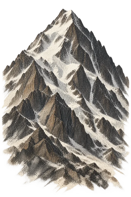 以岩灰与赭褐笔触描绘的乔戈里峰，陡峭山脊向上延伸