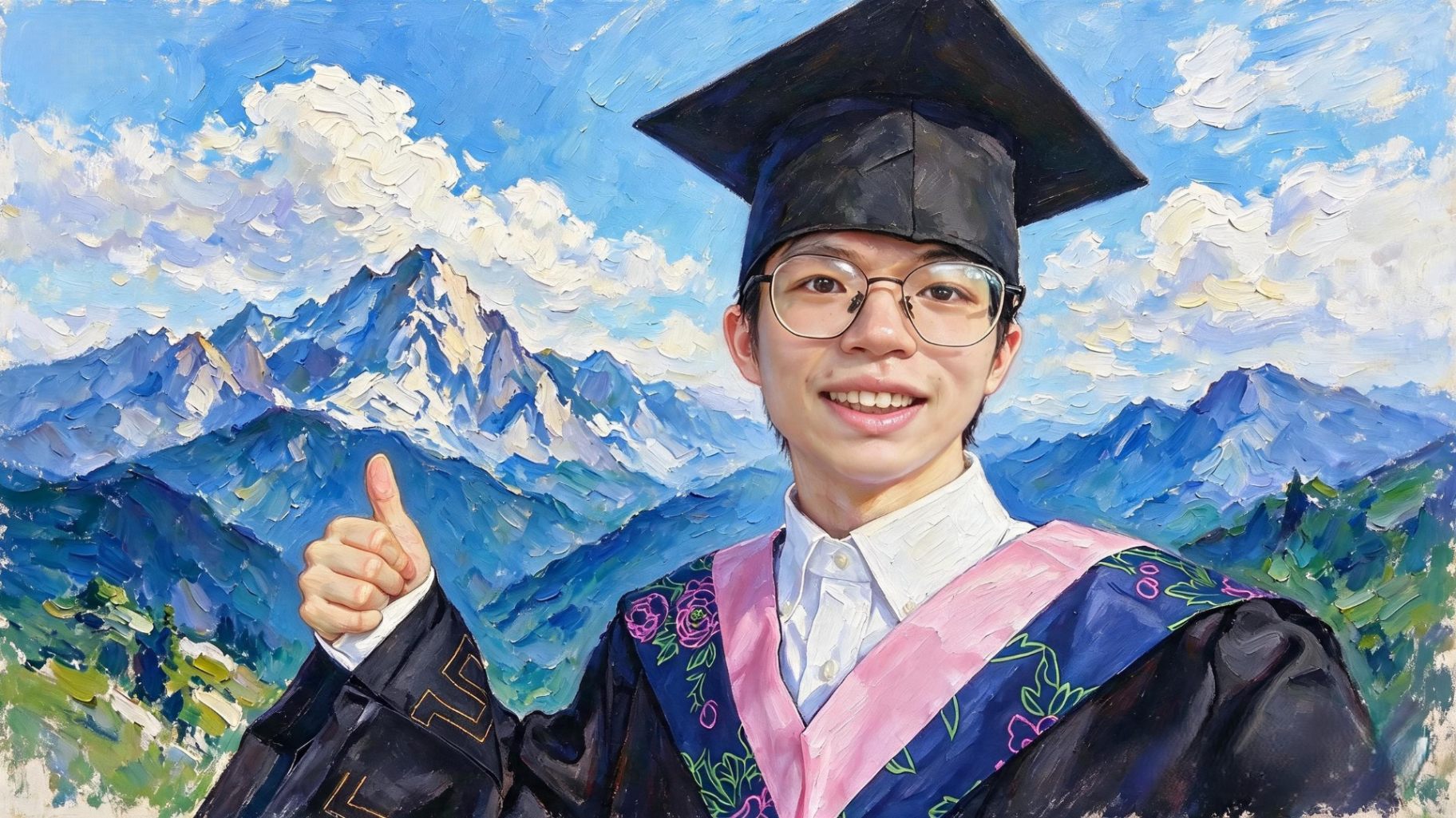 戴着学士帽、穿学士服、竖起大拇指的自画像，背景是雪山与天空，油画质感